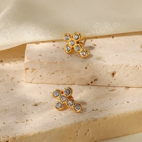 Zircon Cross Stud Earrings 18K Gold Plated‎ Minimalist - Picture 1 of 7